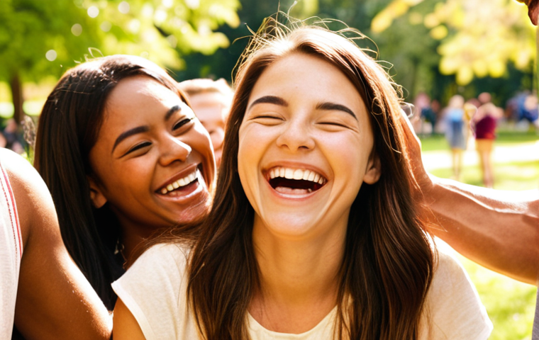 **
Prompt: A person surrounded by supportive friends, laughing and celebrating together in a sunlit park. The atmosphere is joyful and uplifting, radiating positive energy and encouragement. Focus on genuine smiles and warm colors.
**
