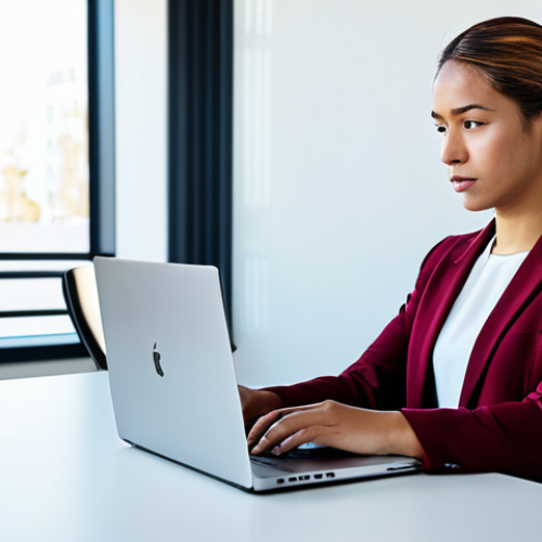 Home 6 A professional, diverse young woman in a modest business casual outfit, seated at a modern desk, thoughtfully typing on a sleek laptop. Her expression is focused and empathetic, trying to convey genuine feeling through her words. The background shows a contemporary, clean office space with soft, natural lighting. The scene emphasizes clear and intentional communication, perfect anatomy, correct proportions, natural pose, well-formed hands, proper finger count, natural body proportions, professional photography, cinematic lighting, high detail, sharp focus, vibrant colors, 8k. safe for work, appropriate content, fully clothed, professional dress, family-friendly.