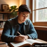 감정전이 심리적 영향 - A thoughtful young adult sitting quietly in a cozy, sunlit room filled with books and plants, journa...