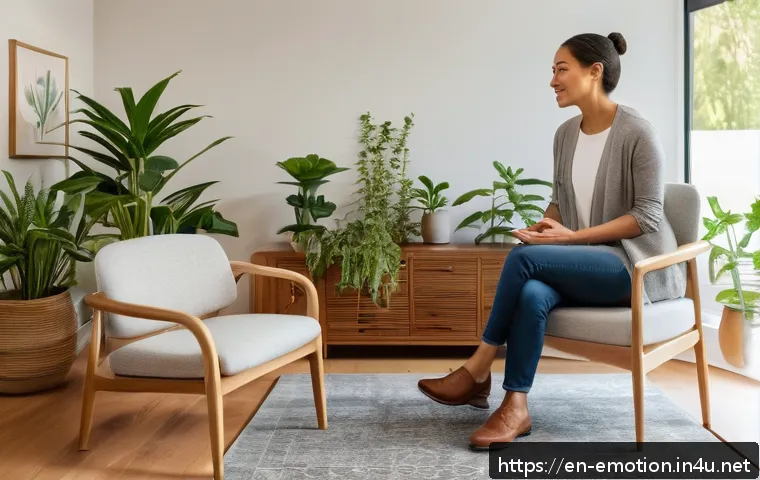 감정전이와 상담 - A serene therapy room with soft natural lighting, featuring a diverse therapist attentively listenin...
