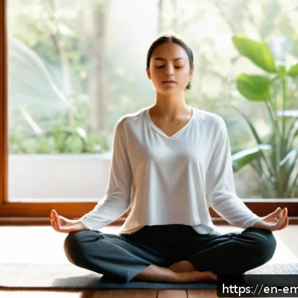 감정전이와 감정 변화를 위한 훈련 - A serene and cozy morning scene of a young adult woman practicing mindfulness meditation indoors, si...
