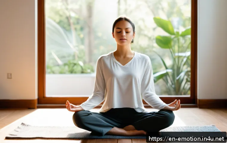 감정전이와 감정 변화를 위한 훈련 - A serene and cozy morning scene of a young adult woman practicing mindfulness meditation indoors, si...