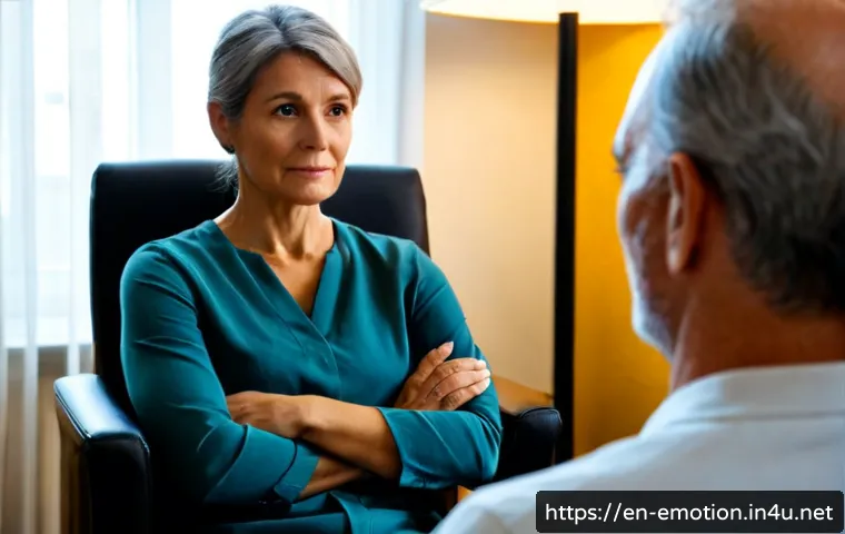 감정전이와 심리적 저항 - Photorealistic therapy office scene, a thoughtful middle-aged woman seated in a comfortable chair wi...